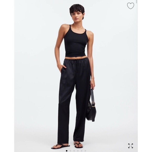 Madewell Pintuck Slim Pull On‎ Pants Black Velvet Womens L Satin Minimalist - Picture 1 of 7